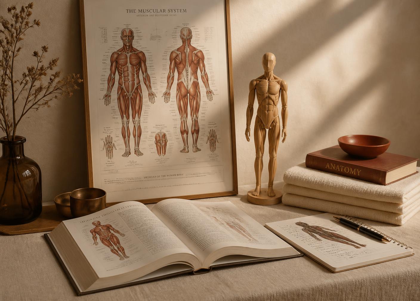 Anatomy study materials including a muscular system chart and textbook