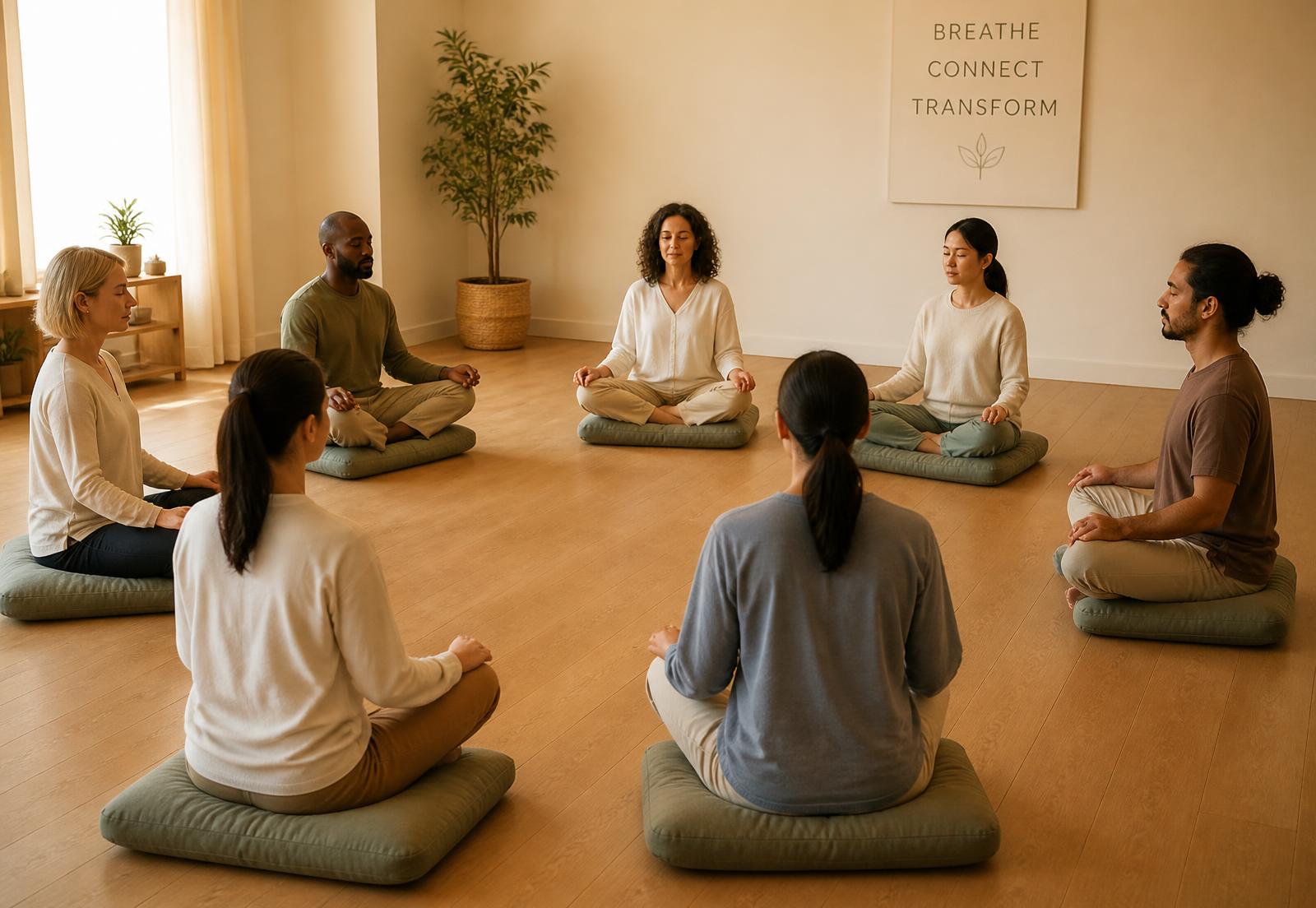 Adults seated in a circle during a guided breathwork and meditation session
